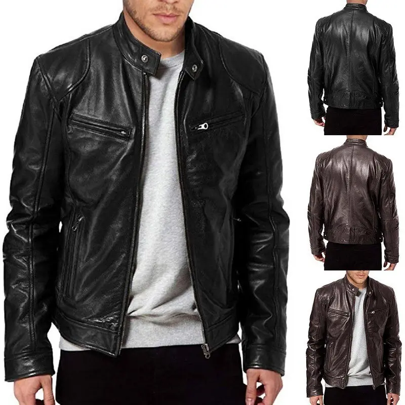 Men's Zip-up Cardigan PU Leather Jacket Fashion Pockets Stand