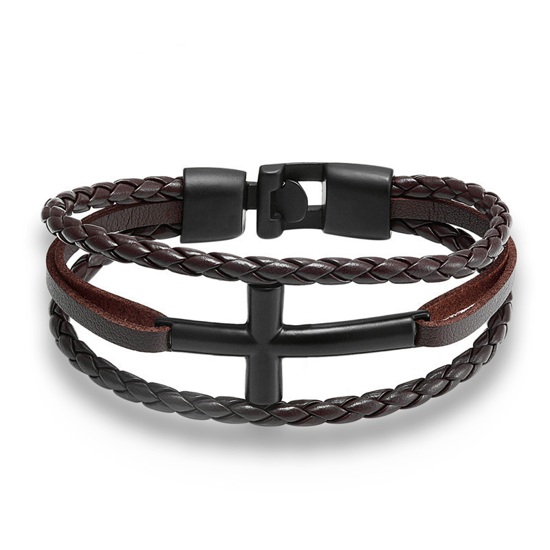 European And American Cowhide Woven Cross Bracelet