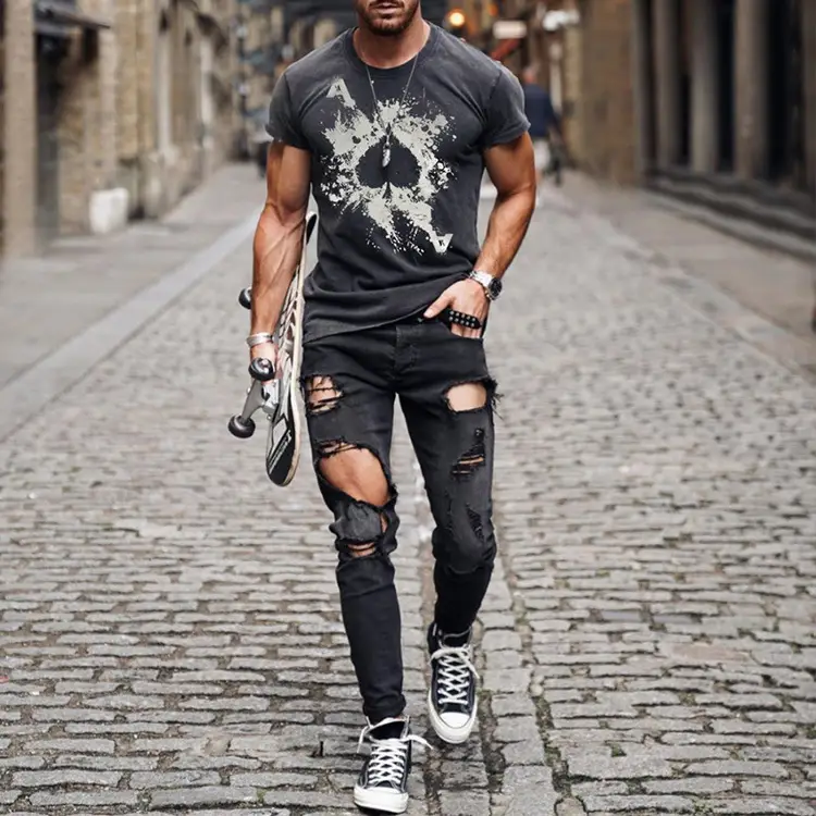 Men's Short Sleeved Shirt Round Neck Casual Printed T Shirt