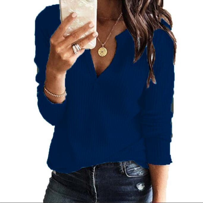 Autumn And Winter Long Sleeved Solid Color Knitted Large Size V Neck Blouse T Shirt Women's Clothing