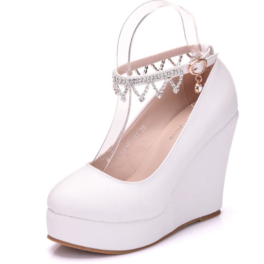 One Word Buckle Wedge Shoes With Rhinestone Wrist Strap Waterproof Platform Round Toe Shoes
