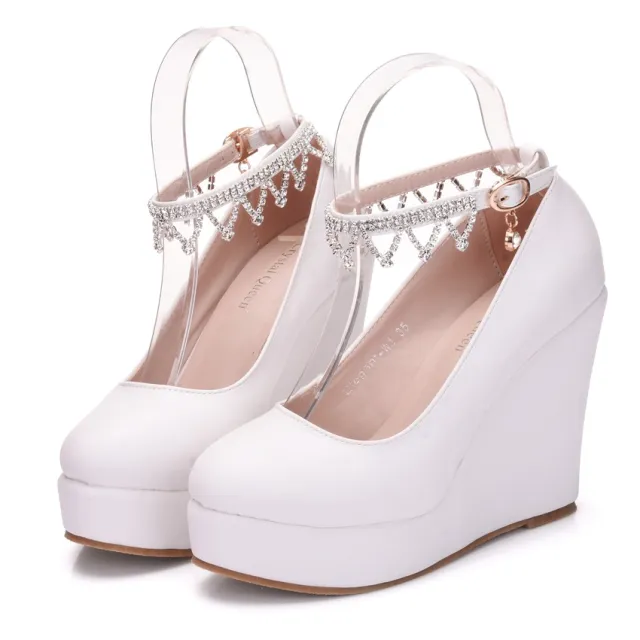 One Word Buckle Wedge Shoes With Rhinestone Wrist Strap Waterproof Platform Round Toe Shoes White - Shop at LoveMi
