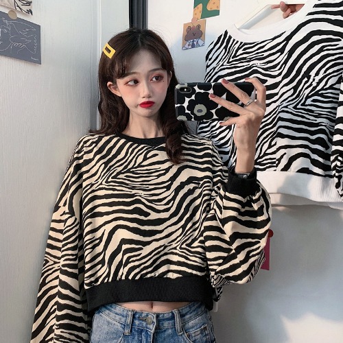 Loose And Lazy Zebra Pattern Top Dress With Long Sleeves Apricot - Shop at LoveMi