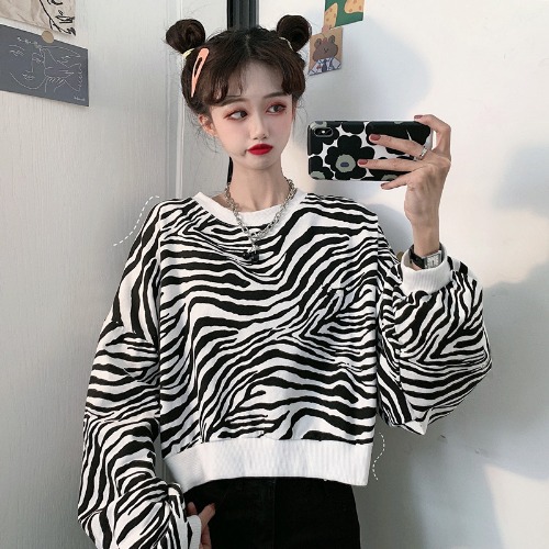 Loose And Lazy Zebra Pattern Top Dress With Long Sleeves