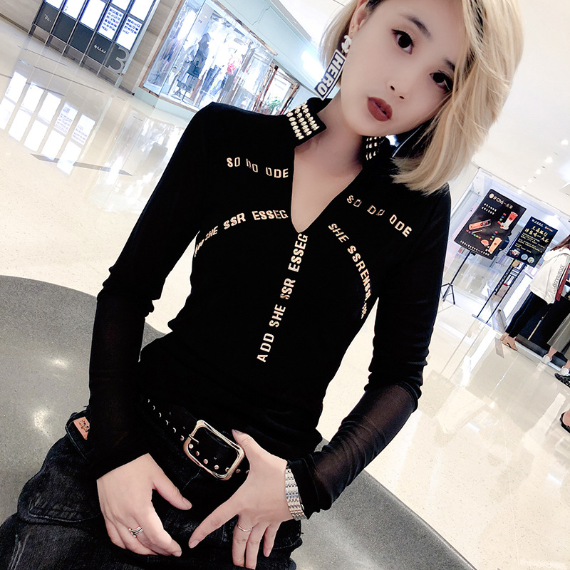 Mesh Long-sleeved Blouse Original Design All-match Solid Color Bottoming Shirt