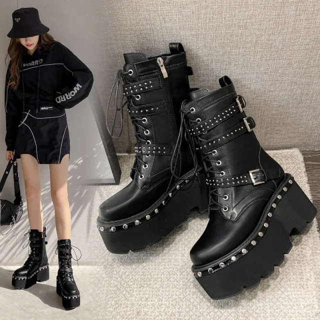 Punk Studded Platform And Fleece Martin Boots Black - Shop at LoveMi