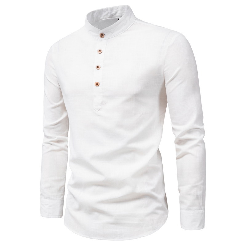 Men's Cotton And Linen Long-Sleeved Shirt Solid Color Stand-Up Collar Shirt