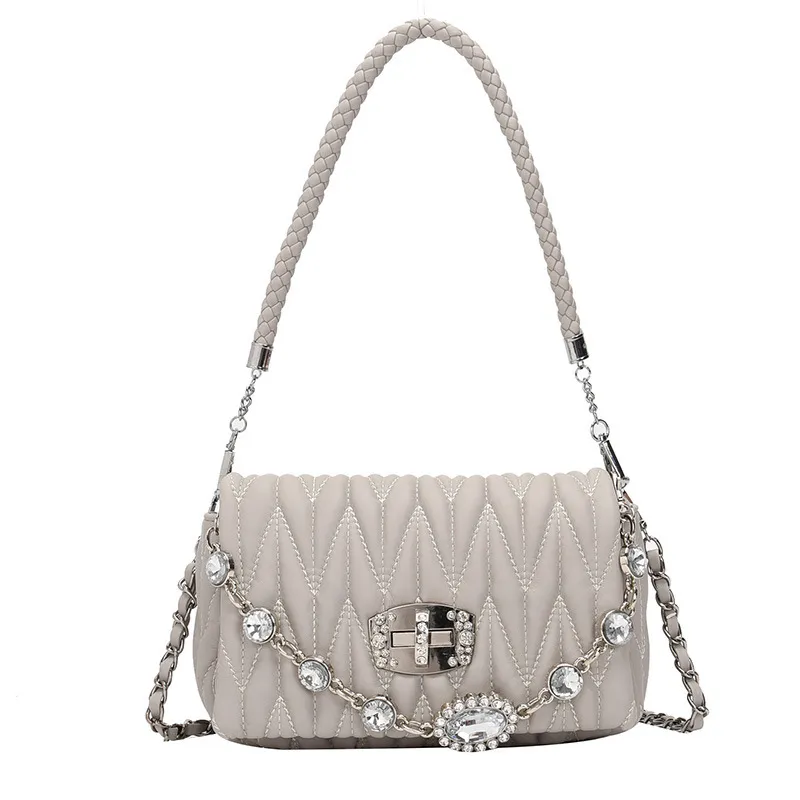 Chain One Shoulder Messenger Bag Fashion Embroidery Thread Small Square Bag - Grey