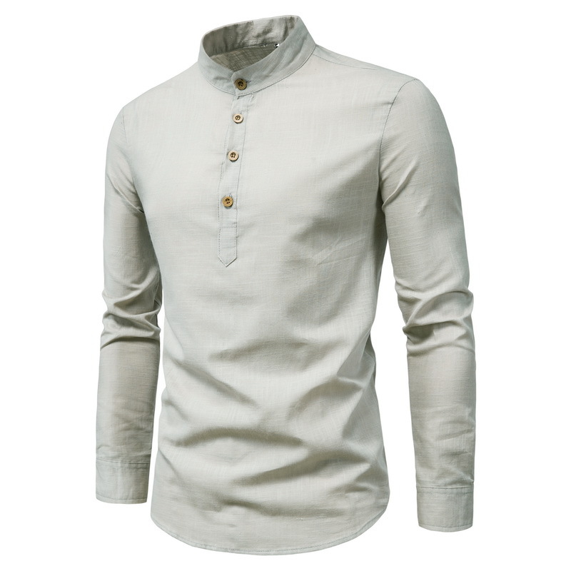Men's Long-Sleeved Shirt Solid Color Stand-Up Collar Cotton And Linen Shirt