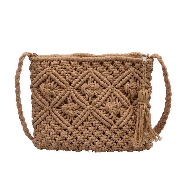 Woven Straw Bag Hand Bag Female Bag Hollow Tassel Khaki - Shop at LoveMi
