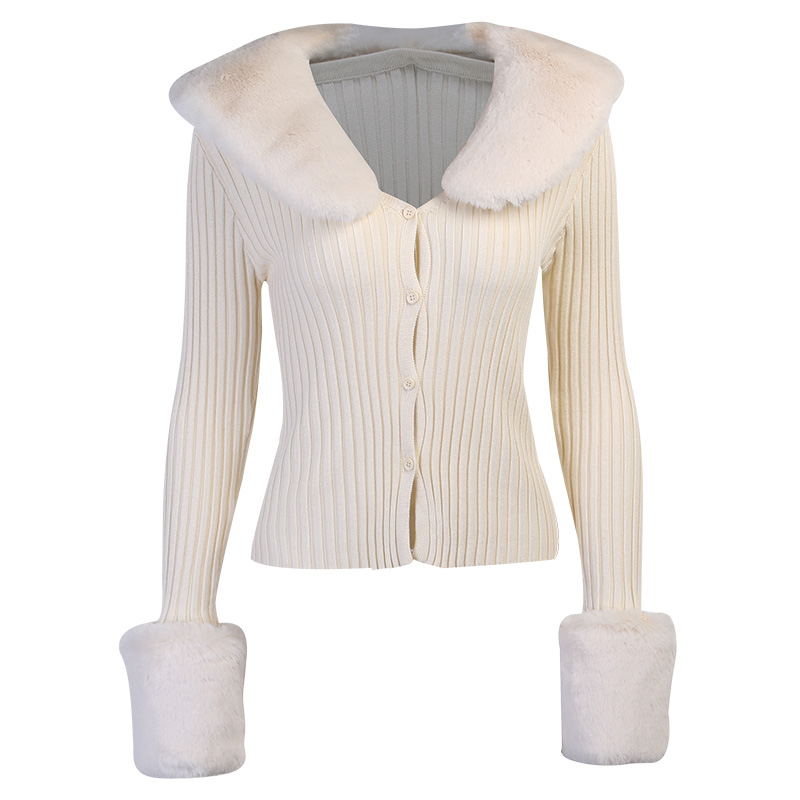 Fashion Short Coat With Furry Sleeves Slim Temperament Cardigan Knitted Top