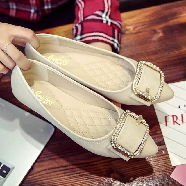 Pointed Toe Single Shoes Flat Korean Version of All match Peas Shoes Apricot - Shop at LoveMi
