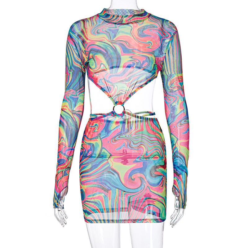 Sexy Long Sleeve Printed Mesh Dress