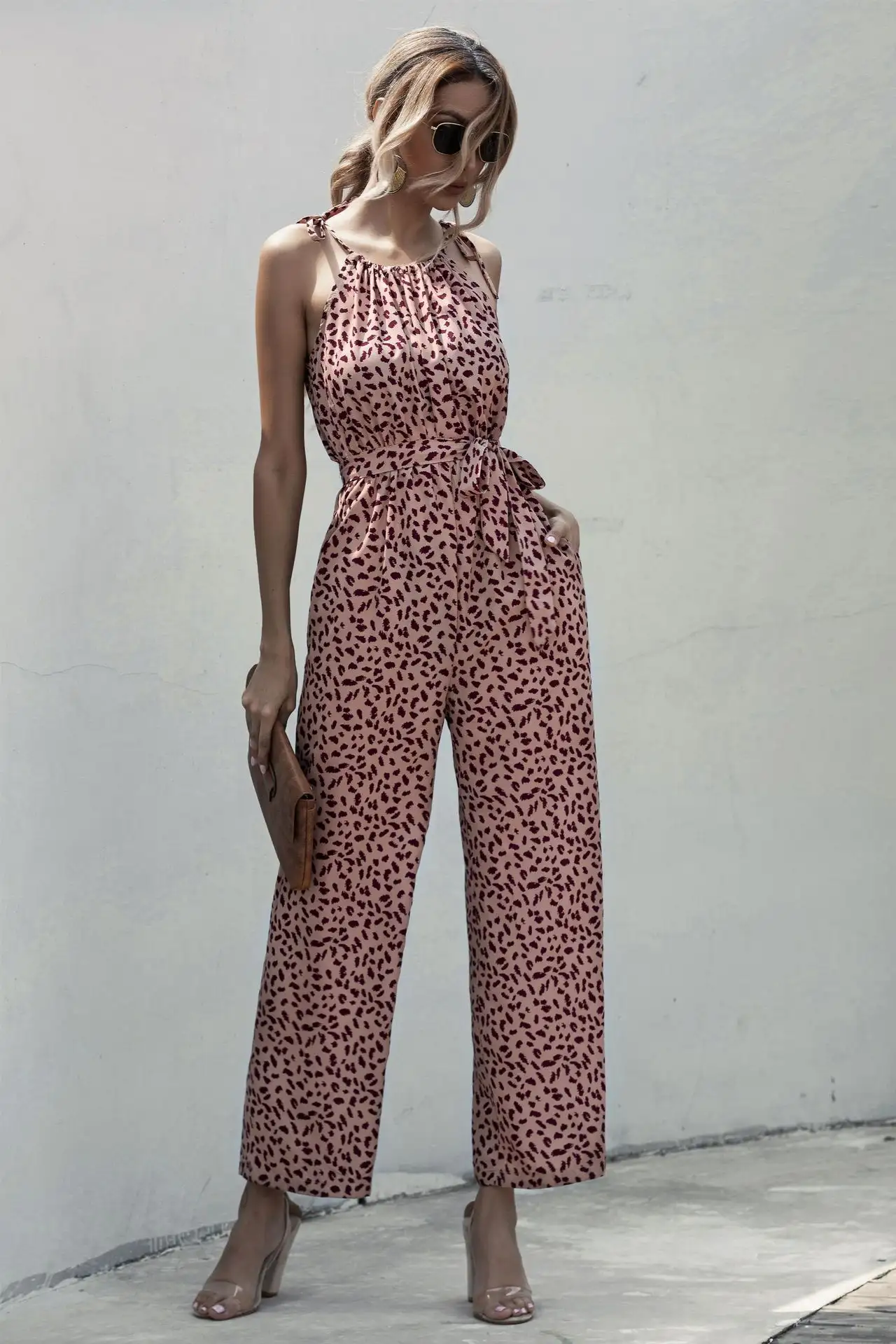 Dot Sling Halter Wide-Leg Casual Jumpsuit