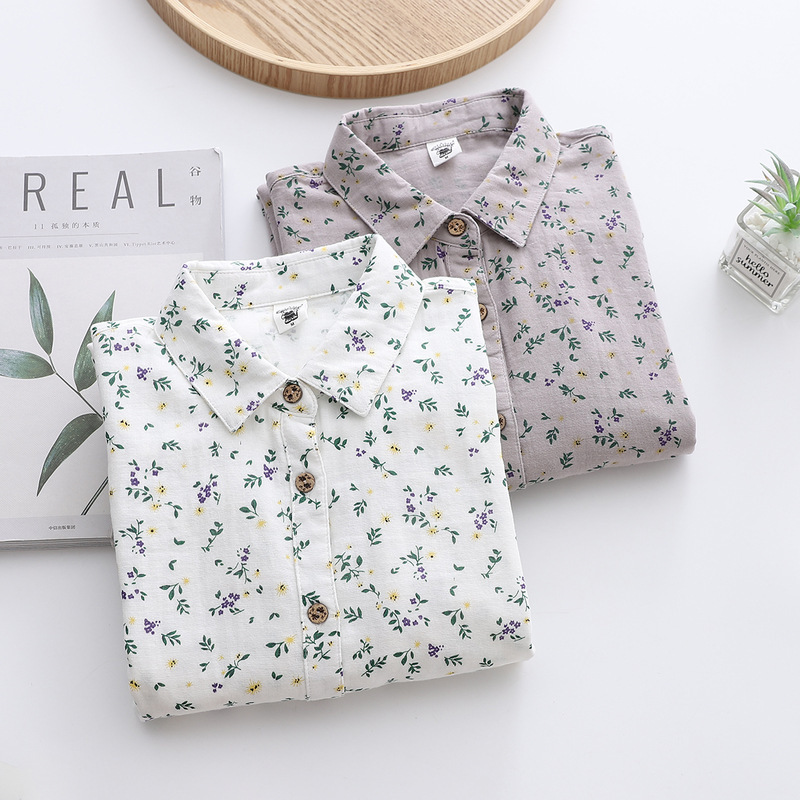 New Style Floral Lapel Double Layer Cotton Long Sleeved Shirt Blouse