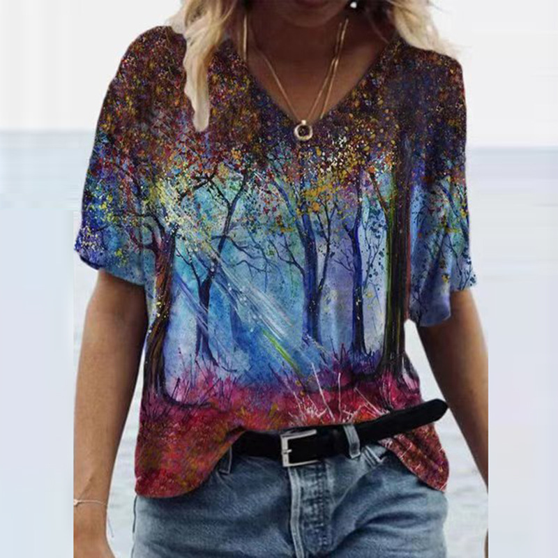 Colorful Print V-neck Pullover Women's Short-sleeved T-shirt