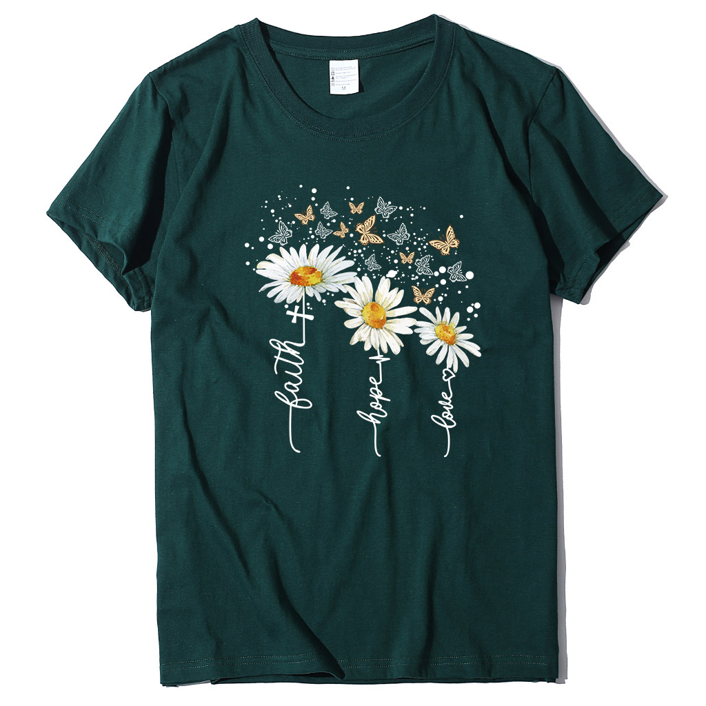  New Summer Cotton Women's T-shirt Daisy Print Butterfly Casual T-shirt
