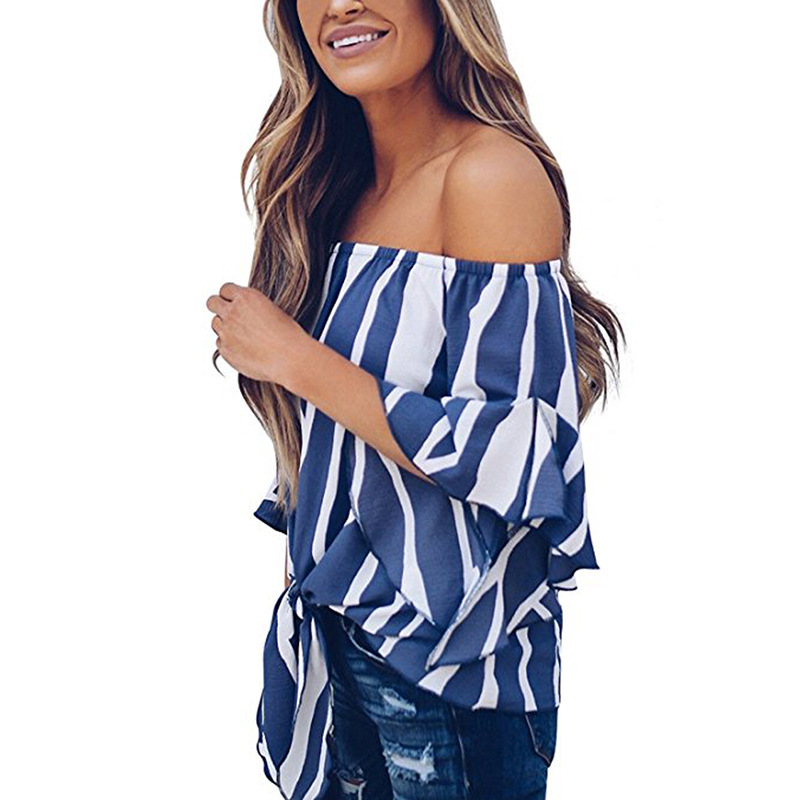 Ladies Summer New Striped Chiffon Shirt With One Line Collar