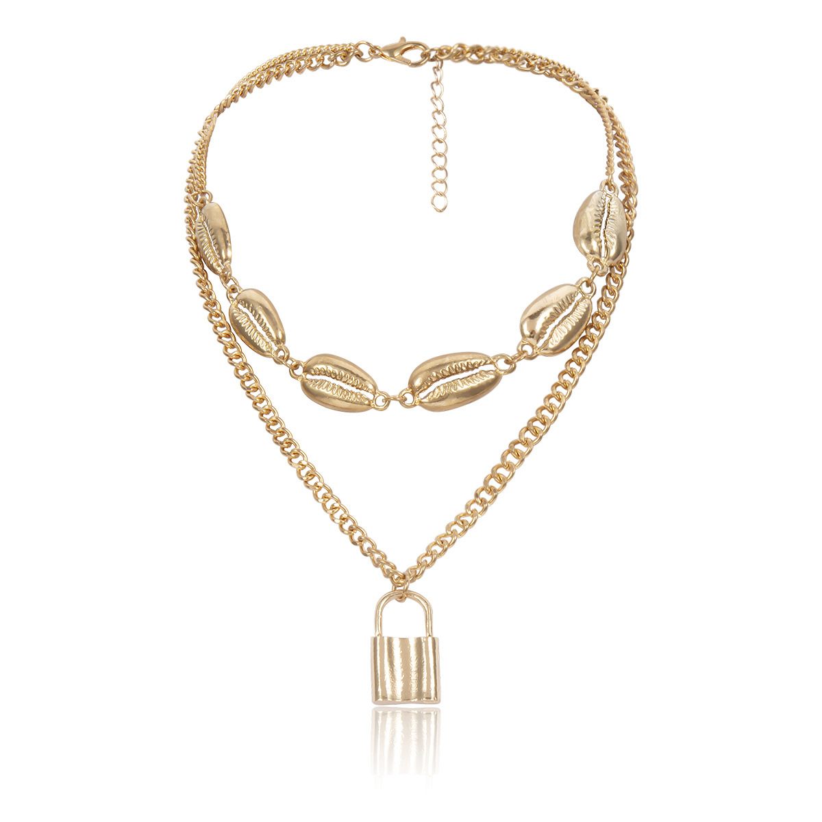 Simple Personality Alloy Shell Lock-Shaped Pendant Double Layer Necklace For Women