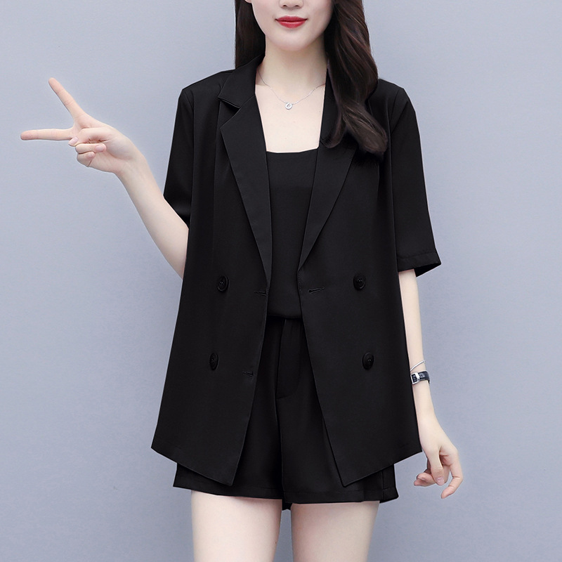 Shorts Suit Two-Piece Suit Female Korean Version Of The French Niche Very Fairy Net Red Small Fragrant Wind Fat MM Three-Piece European Goods Set