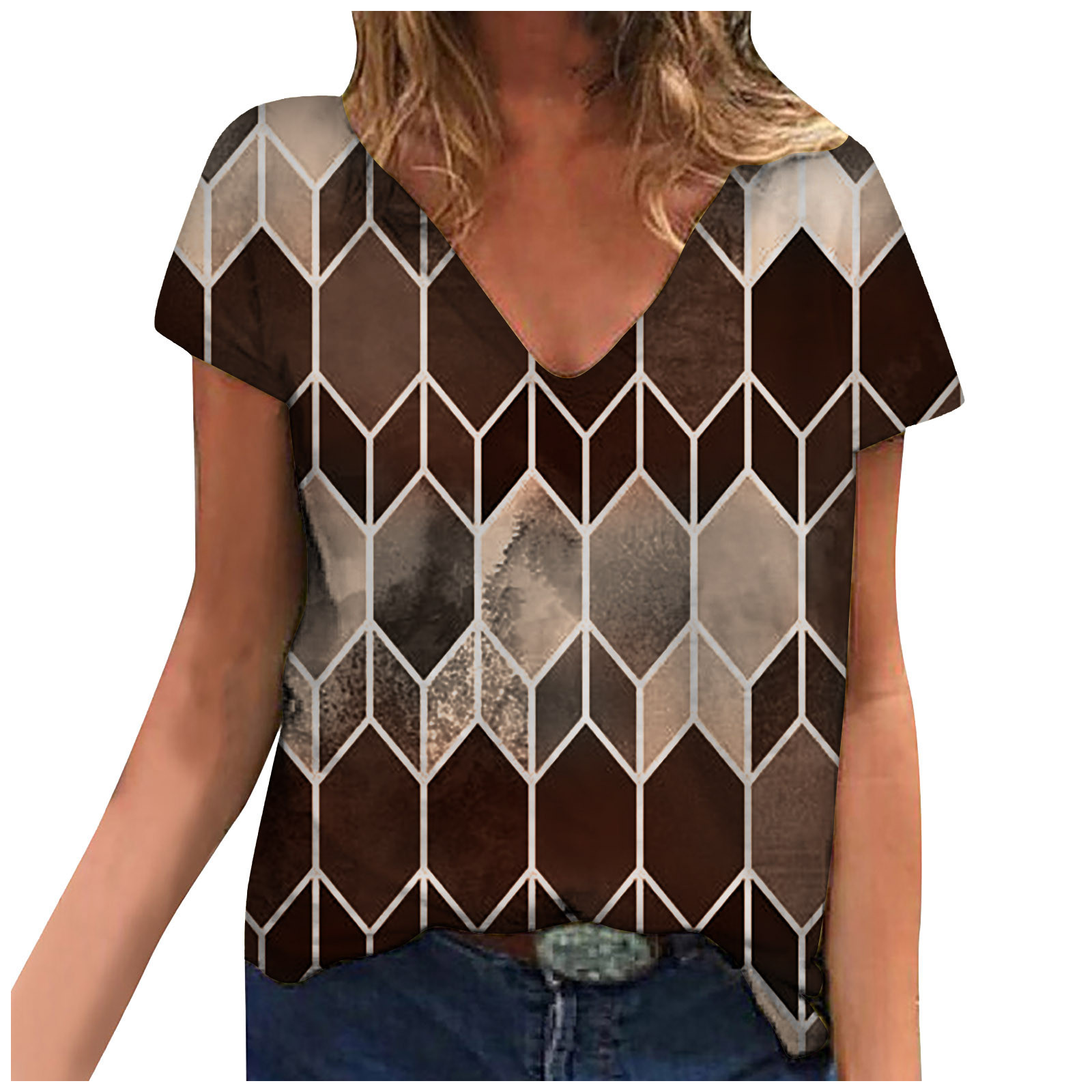New Women's Tops Rhombus Printing Loose V Neck Short Sleeved T Shirt