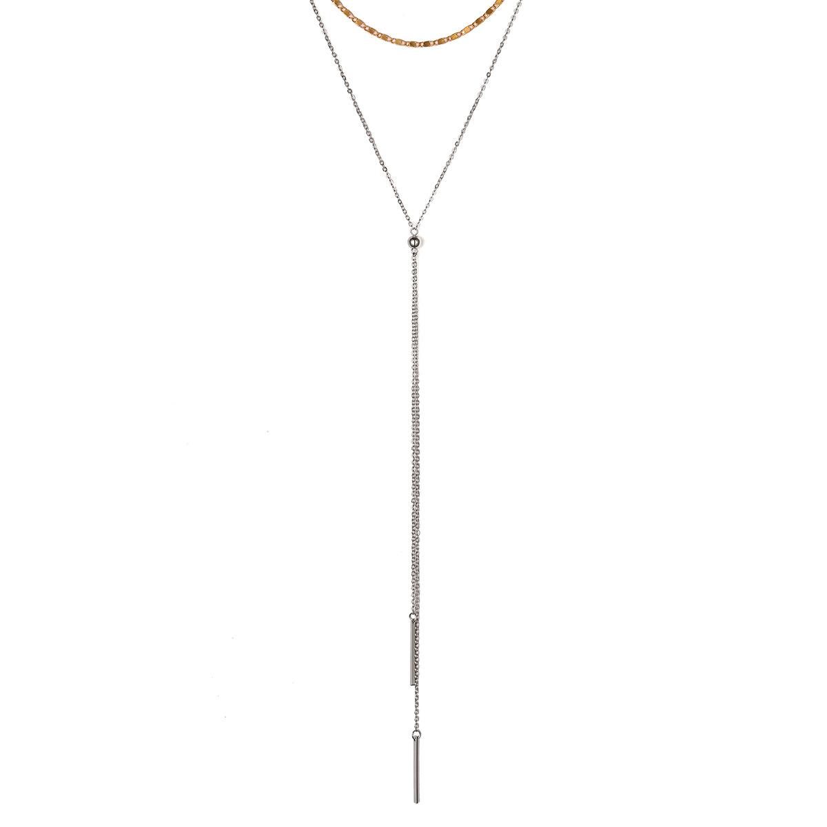 Fashionable Double Long Rhinestone Necklace Simple Metal Rod Necklace