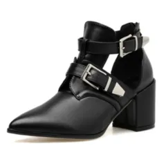 Fashion Short Boots Women's Thick Heel Motorcycle Boots Double Row Buckle Martin Boots - Black - View 1