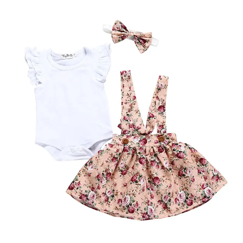 Girls' Cotton White Flying Sleeve Short-sleeved Romper Flower Suspenders