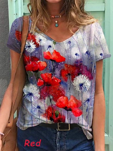All-match Half-sleeved Floral Painting Print T-shirt