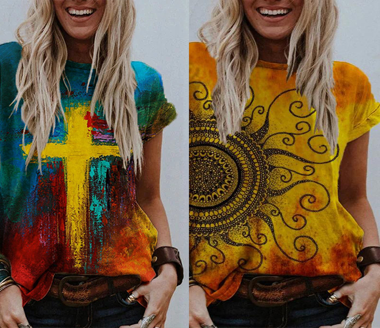  Round Neck Pullover Abstract Painting Style Multicolor Printing Street Hipster Loose Short-Sleeved T-Shirt