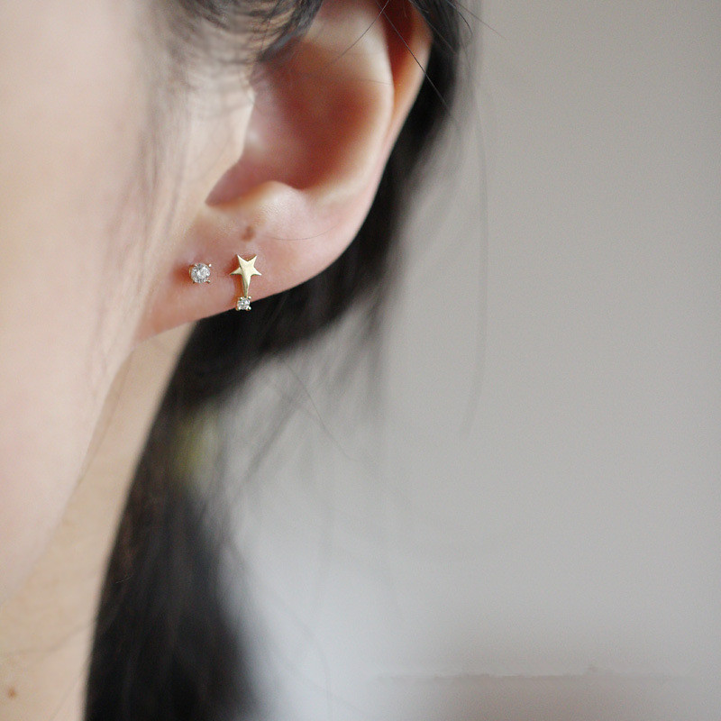 Small Slender Drill Pentagram S925 Pure Silver Plating 14 k Gold Earrings