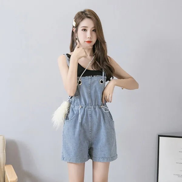 Denim Suspenders Shorts Loose And Slimming High Waist Wide Leg Suspenders Light Blue - Shop at LoveMi