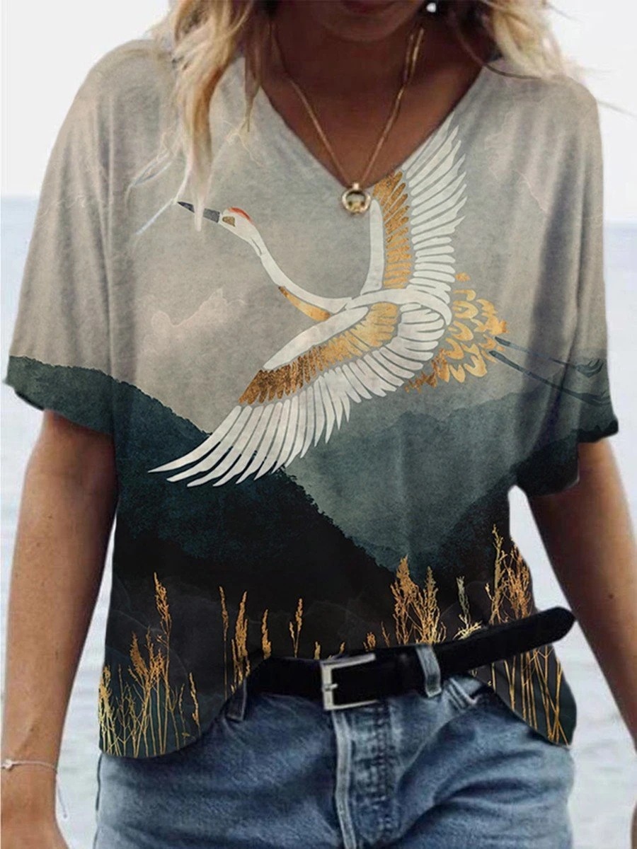  Cross-Border European And American Women's Wish Popular Landscape Print Short-Sleeved V-Neck T-Shirt