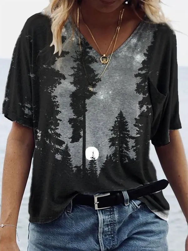 Cross Border European And American Women's Popular Landscape Print Short Sleeved V Neck T Shirt C14 - Shop at LoveMi