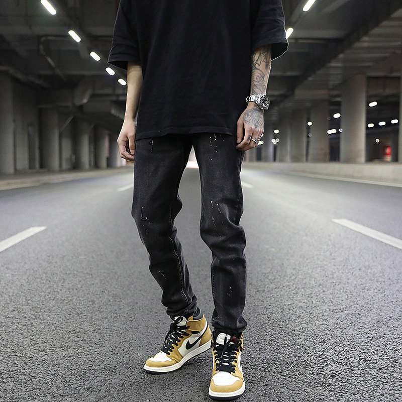 High Street Style Basic Style Splashed Ink Wash Water Distressed Grey Stretch Small-Footed Jeans
