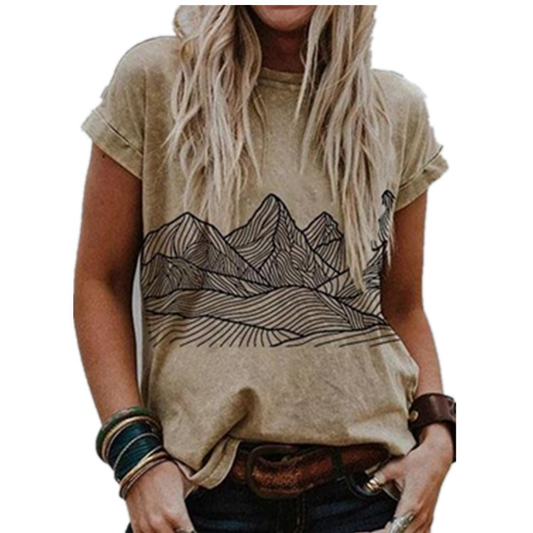 Cross-Border Foreign Trade Beauty Dress Mountain Landscape Printing Casual Short-Sleeved T-Shirt