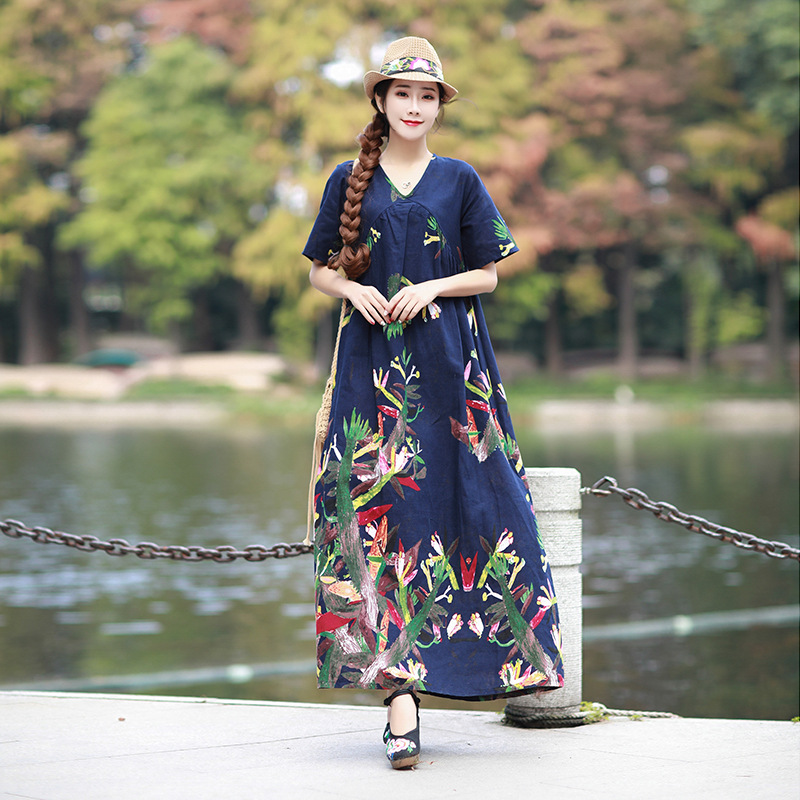 Cotton And Leprosy Short-Sleeved Dress Summer Korean Mid-Length Print Skirt