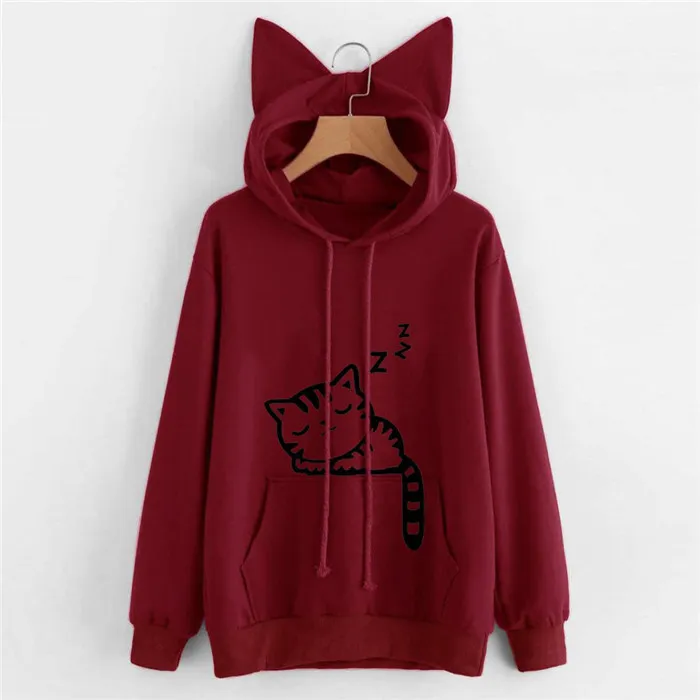 Long Sleeve Sweatshirt Hoodies Women Casual Crop Top - Red
