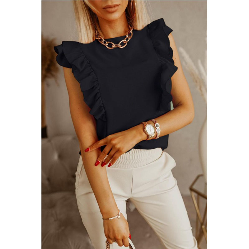 New Loose Round Neck Solid Color Ruffled Short Sleeved Shirt Women