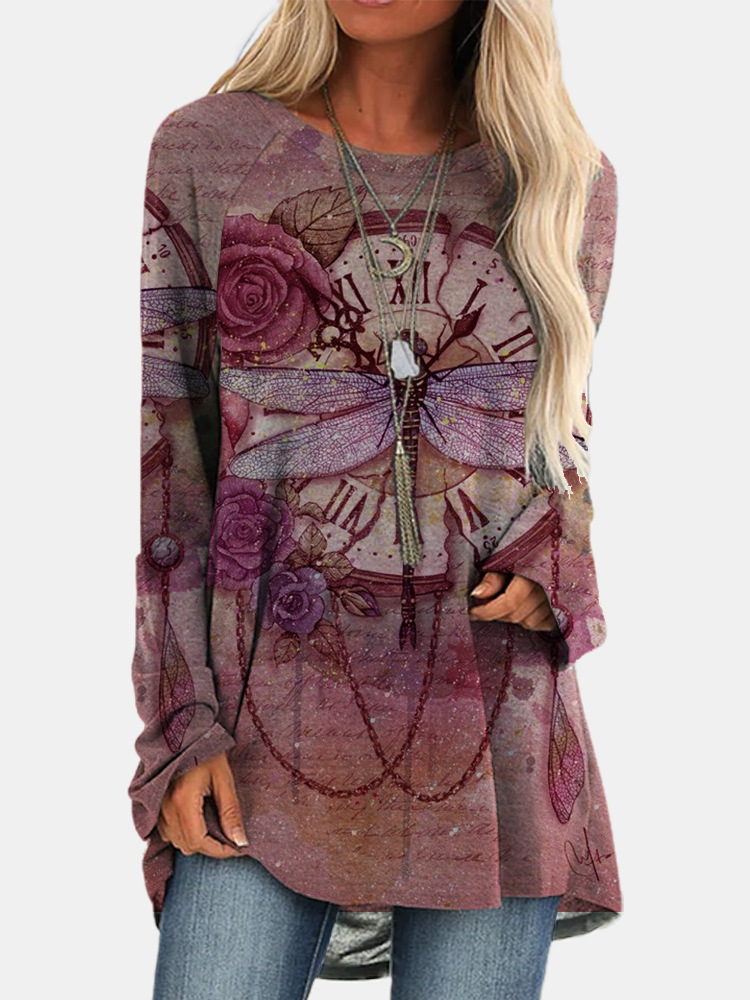 Women's Fashion Loose Round Neck Digital Printing Long Sleeve Top