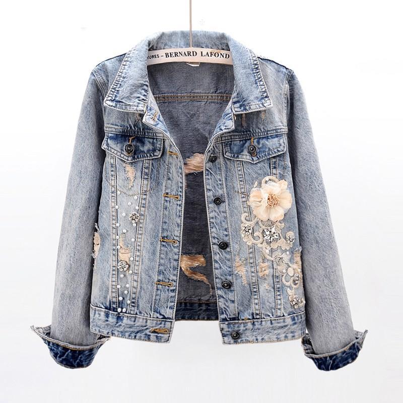Women's Long-Sleeved Denim Jacket With Diamonds And Flowers
