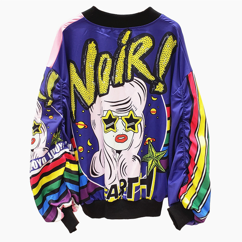 Cartoon Sequins Printed Baseball Uniform Long-Sleeved Jacket Women