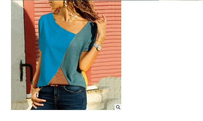 Stitching Contrast Color Round Neck Short Sleeved Casual T Shirt Ladies Top
