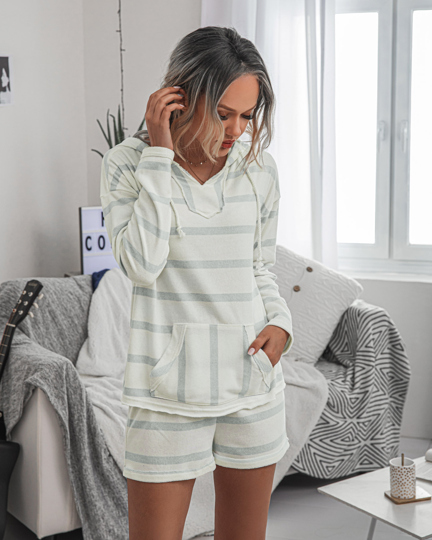 Fashion Striped Hoodie Home Casual Women's Suit