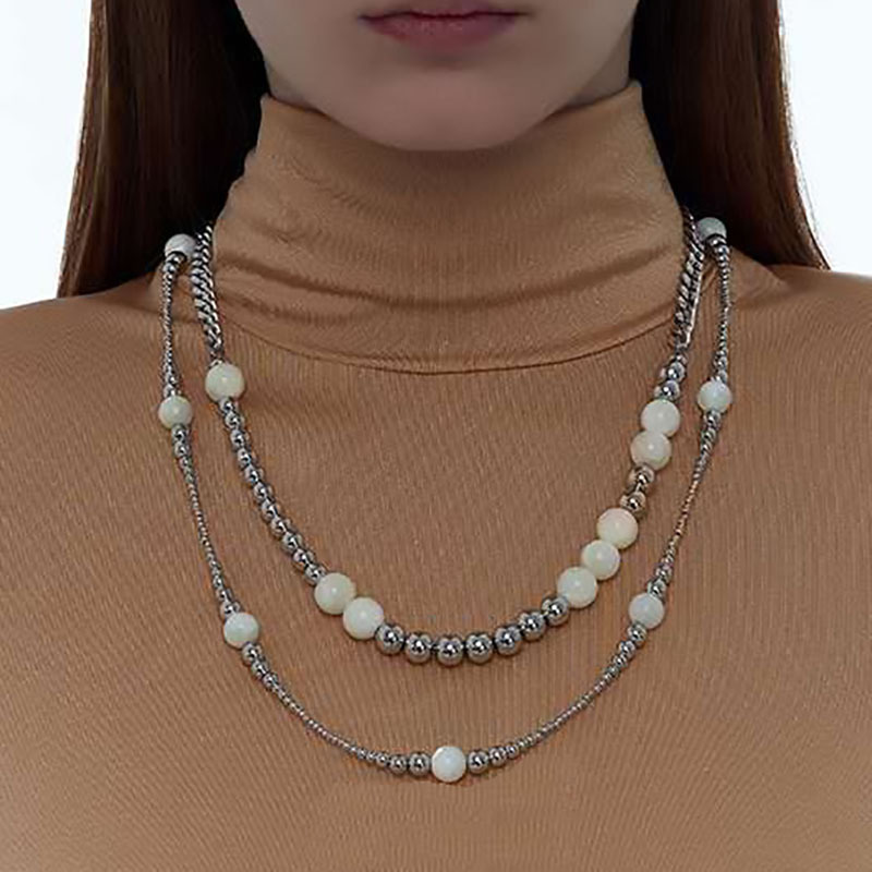 Cold Wind Double-Layer Chain Spider Necklace Fashionable Personality Metal Round Beads Pearl Stitching Sweater Chain Female Trend