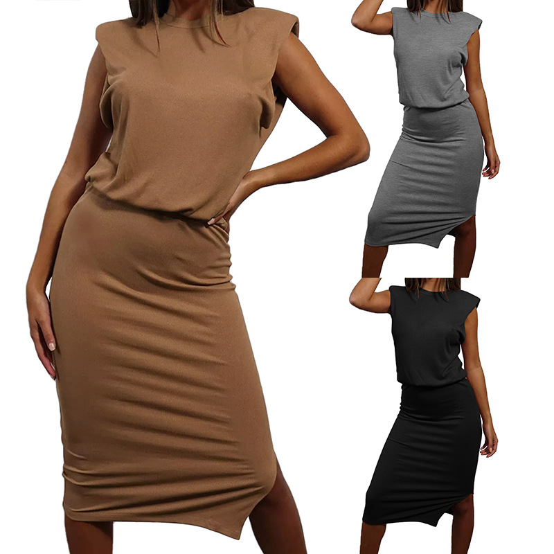 Ladies Sleeveless Padded Shoulder Split Dress