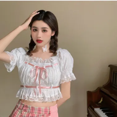 Limo Bobon21 Small Sweet French Small Lisa Small Waist Bubble Sleeve Lace Top Shirt White - Shop at LoveMi