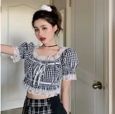Limo Bobon21 Small Sweet French Small Lisa Small Waist Bubble Sleeve Lace Top Shirt Black And White - Shop at LoveMi
