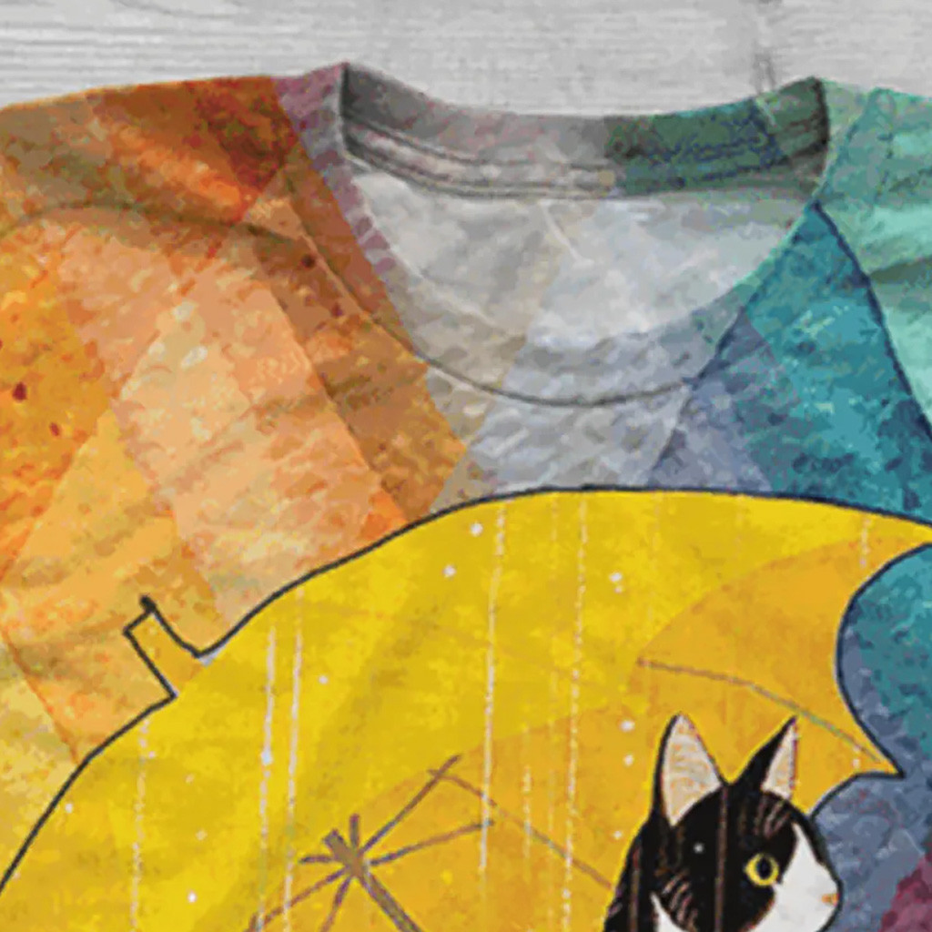 3D Animal Cat Umbrella Print Short Sleeve Top T-shirt