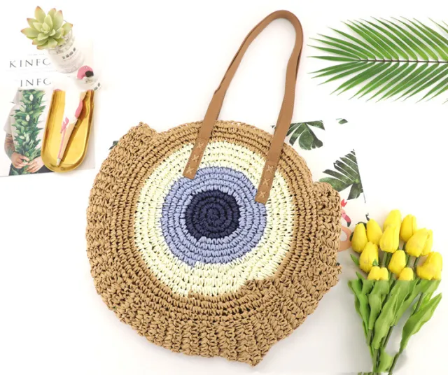 Color Big Disc Straw Woven Bag Casual One Shoulder Fashion Woven Bag Female Bag Coffee - Shop at LoveMi
